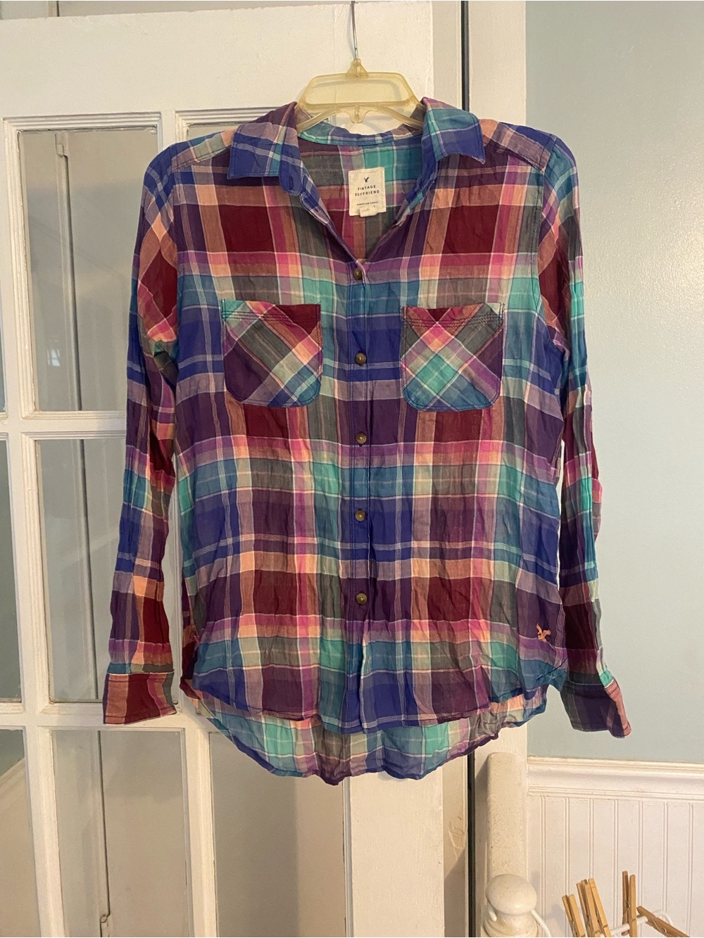 Y2K Women’s American Eagle Outfitters Purple Teal Plaid Shirt